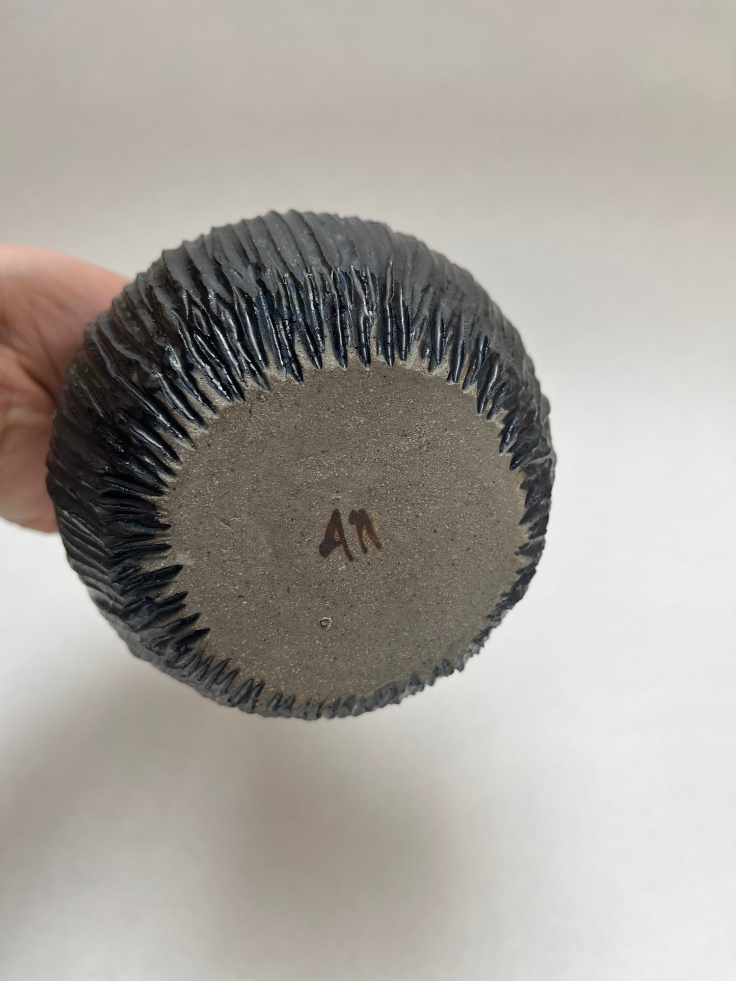 Black w/ Blue Undertones Textural Studio Pottery Vase Signed AP