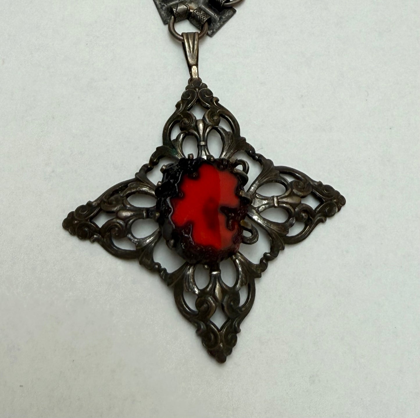 Vintage Hobe Lava Stone Red & Black Filigree Costume Necklace
