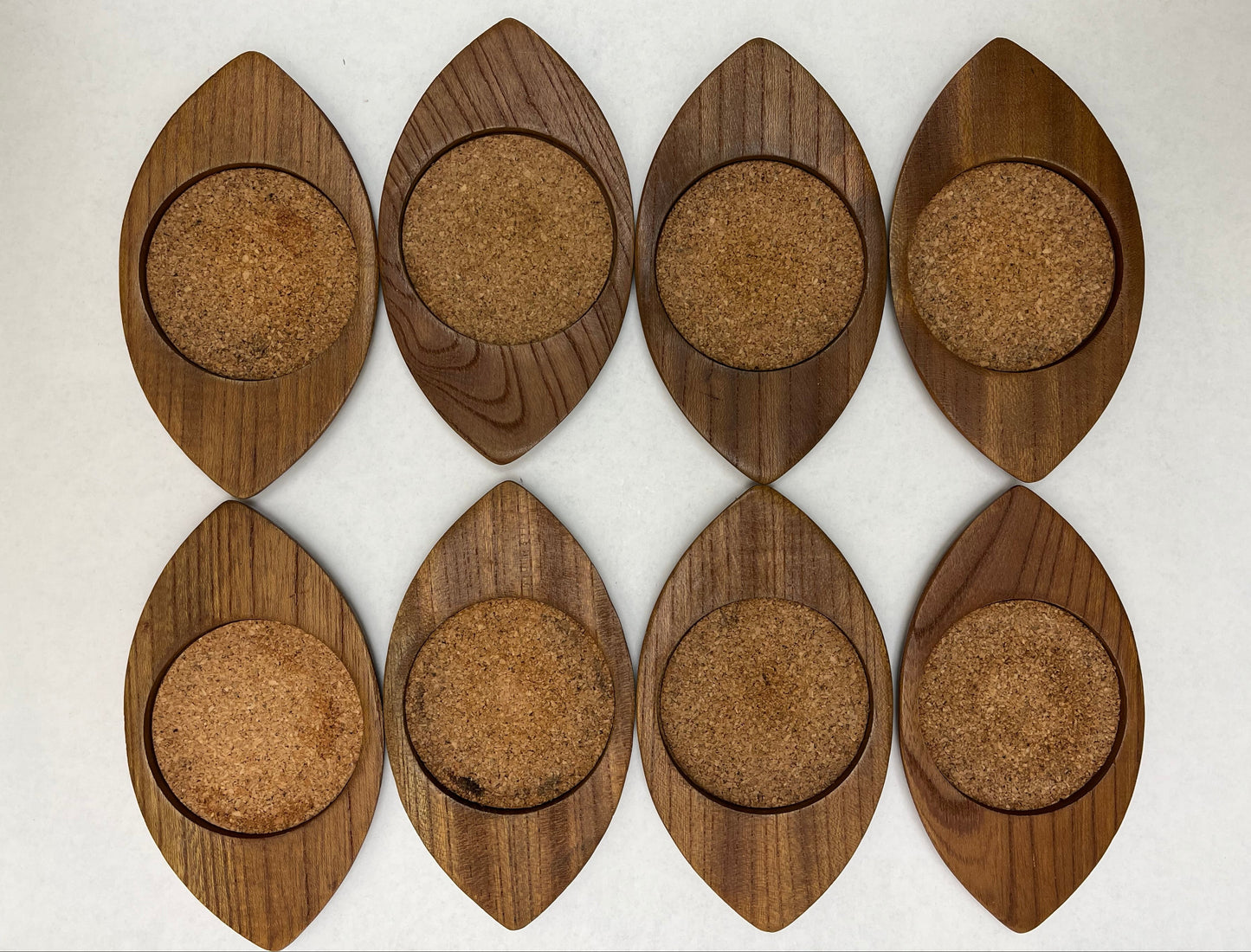 Vintage Set of 8 Wood Cork MCM Serv Wood by Rubel, Cat Eye Shaped Coasters, Designed by Fred Press, Mfg. by Styson Art Products
