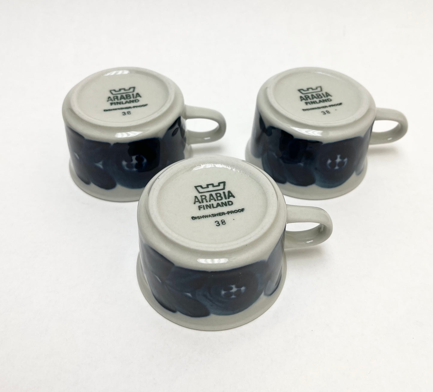 Set 3 Arabia Finland Blue White Anemone Espresso Cups (NO SAUCERS)