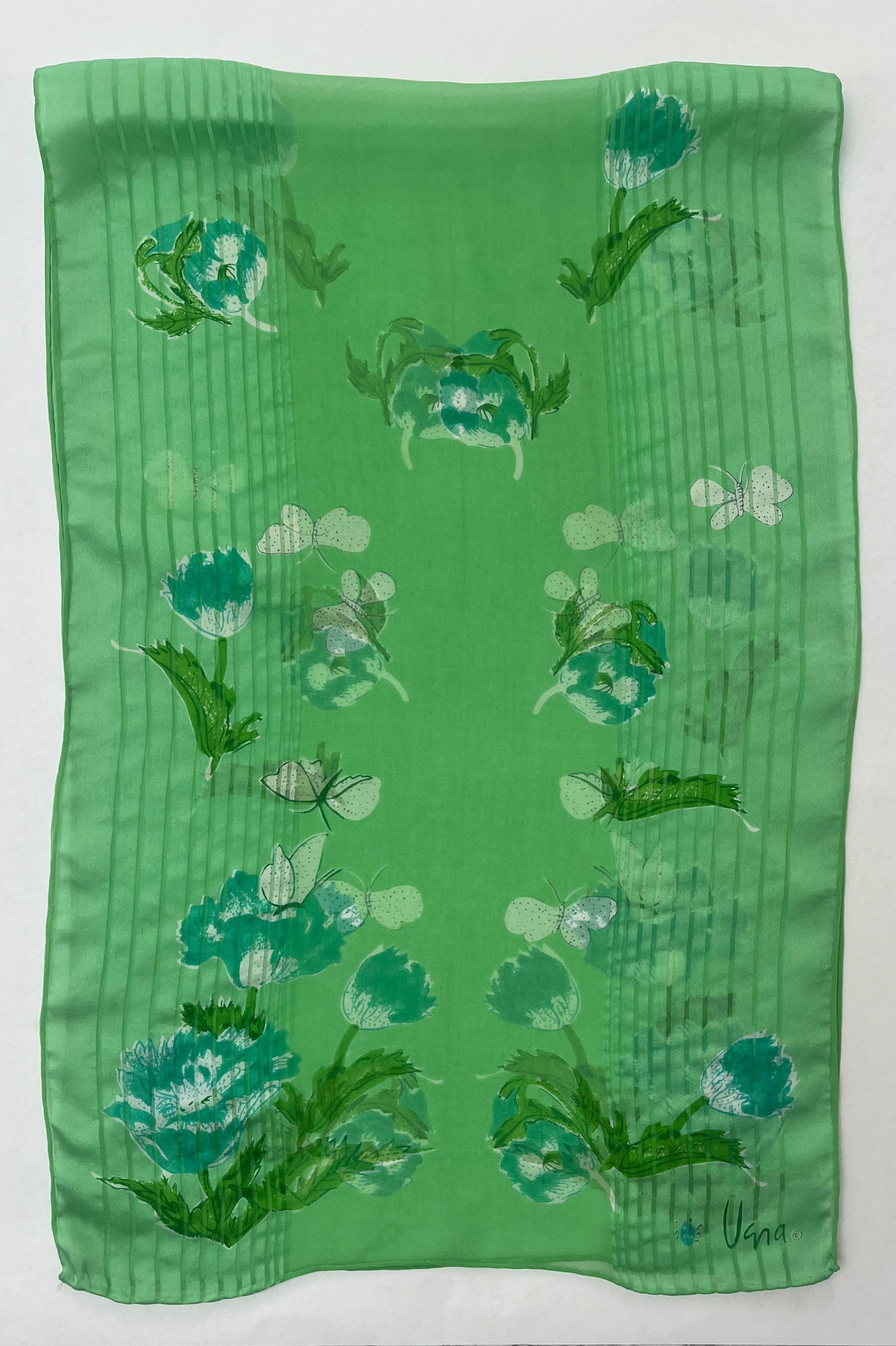 Vintage Long Vera Neumann Green Scarf w/ Floral Design