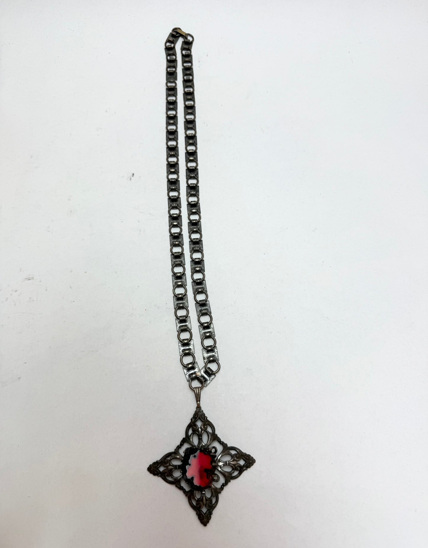 Vintage Hobe Lava Stone Red & Black Filigree Costume Necklace