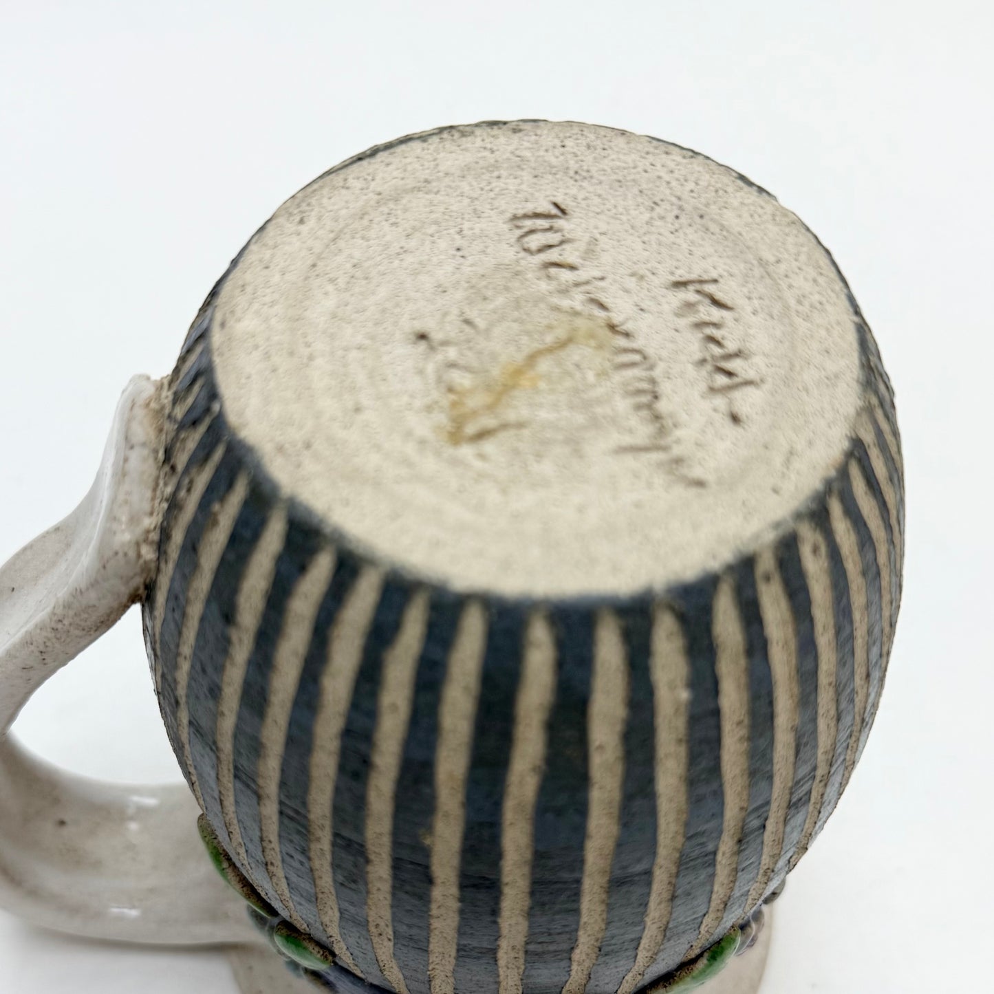 Striped Studio Pottery Mug by Hilda Kidd Wiesenmeyer w/ Blue Berry Floral Design