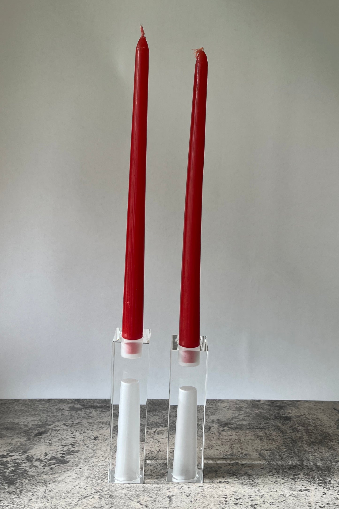 Pair Oleg Cassini Signed Crystal Clear Frosted Exclamation Point Vase Candle Holder Two Heights