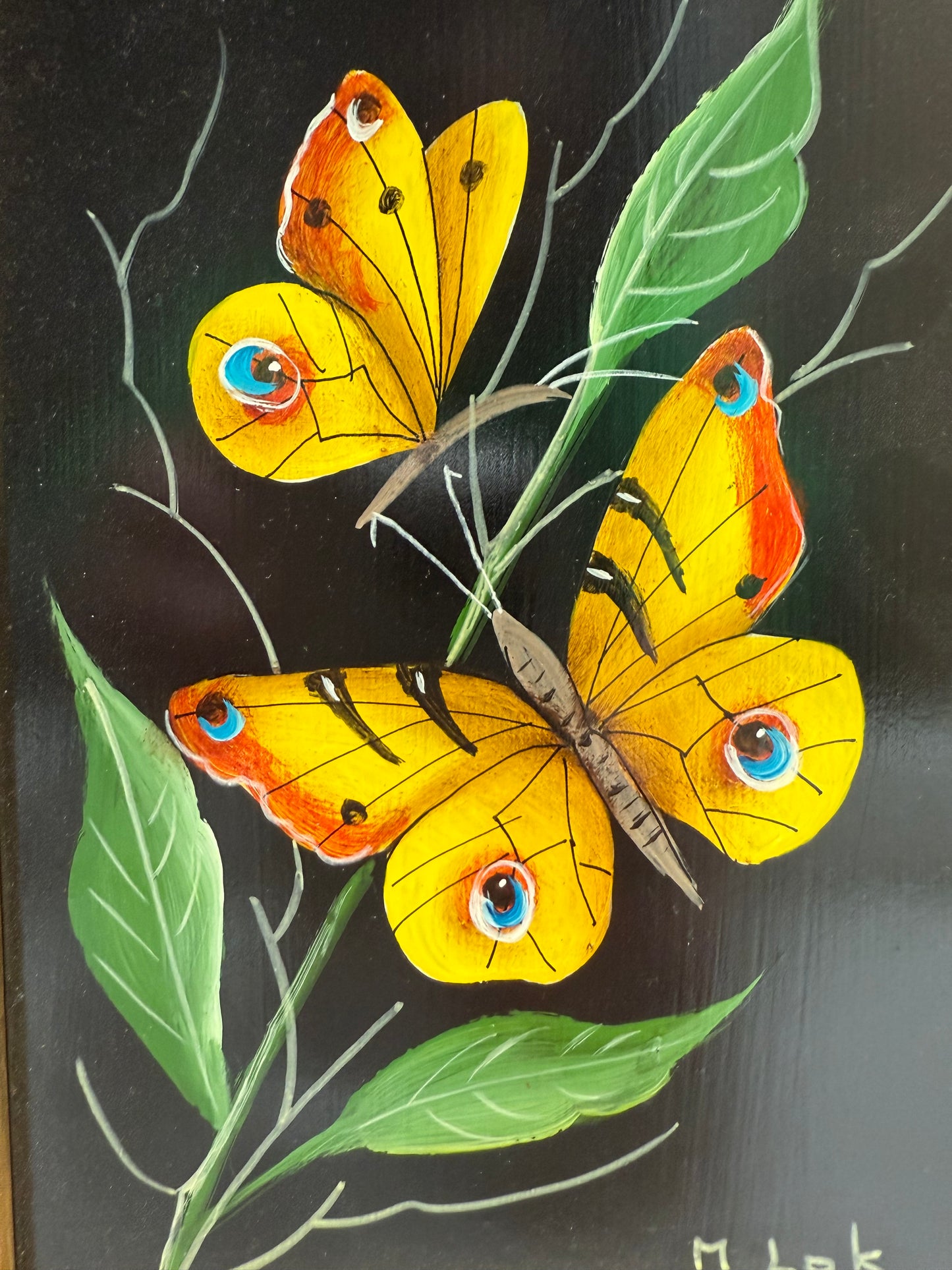 Framed Maria M Lak Vintage Original Oil Painting of "Busy Butterflies"