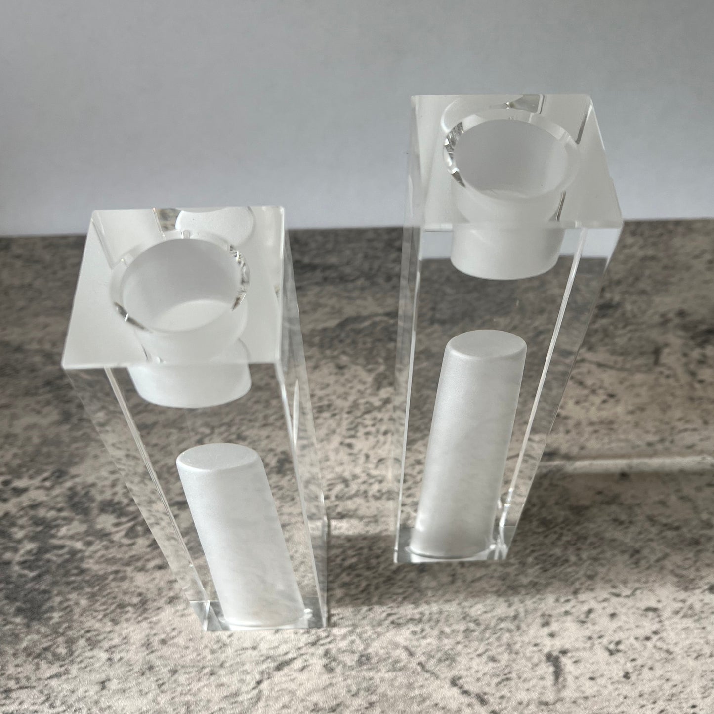 Pair Oleg Cassini Signed Crystal Clear Frosted Exclamation Point Vase Candle Holder Two Heights