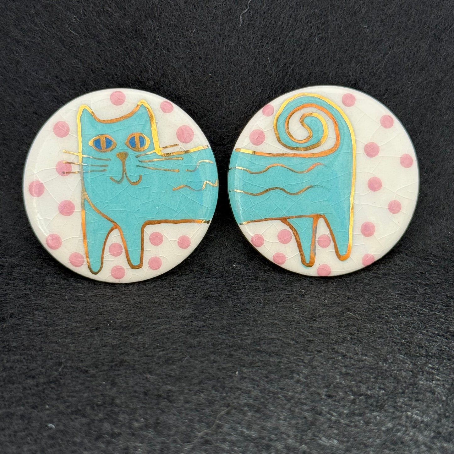Pair Vintage Painted Ceramic Cat Post Pierced Earrings
