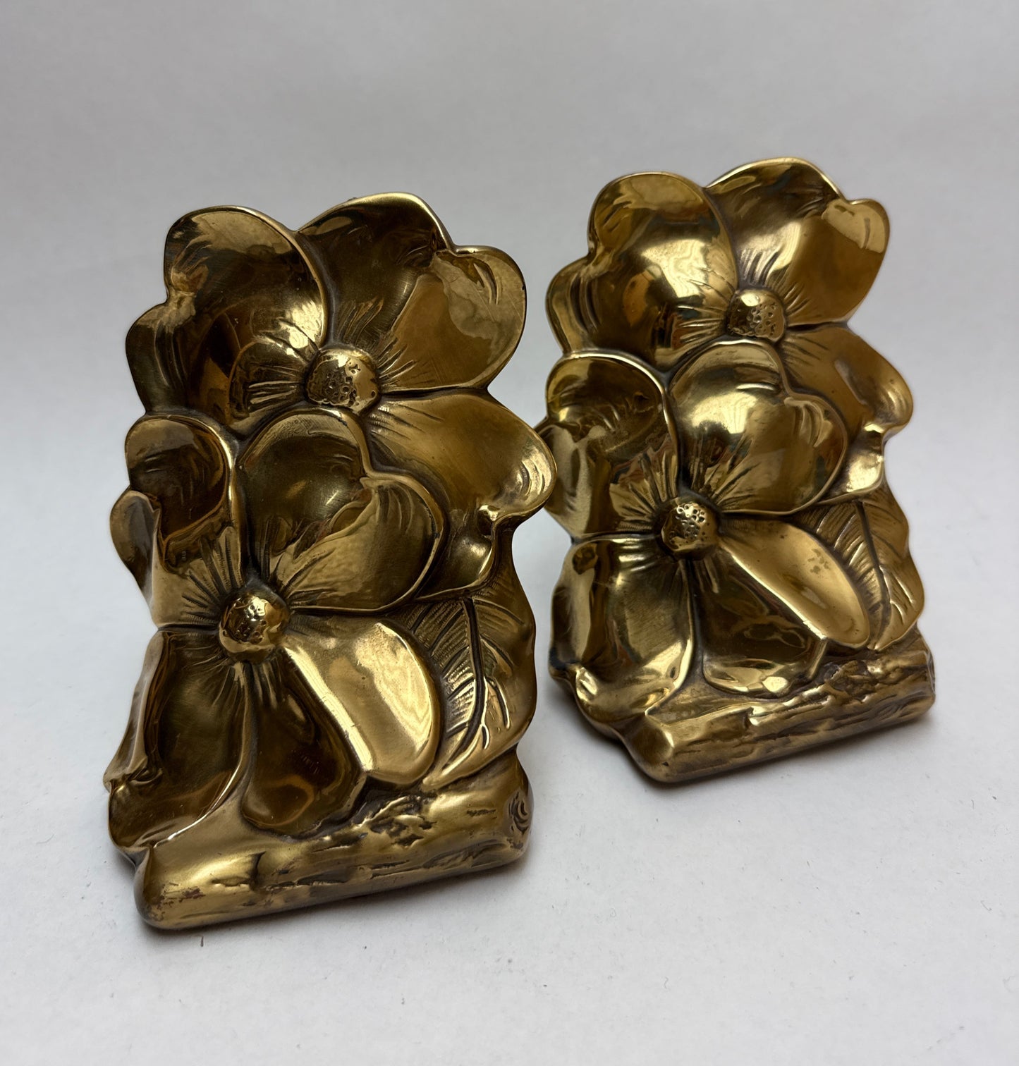 Pair MCM Brass Dogwood Flower Bookends by Philadelphia Manufacturing