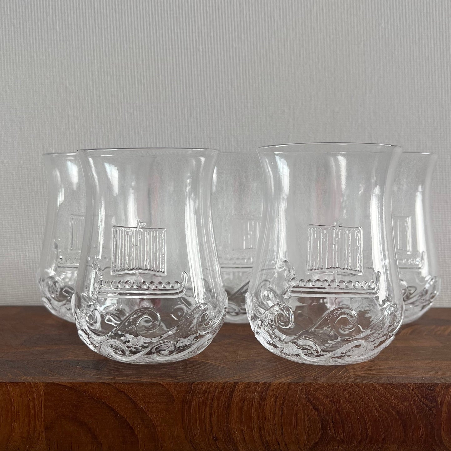Set 5 Viking Ship Scandanavian Small Liquor Juice Clear Glasses Signed "CH" on Bottom