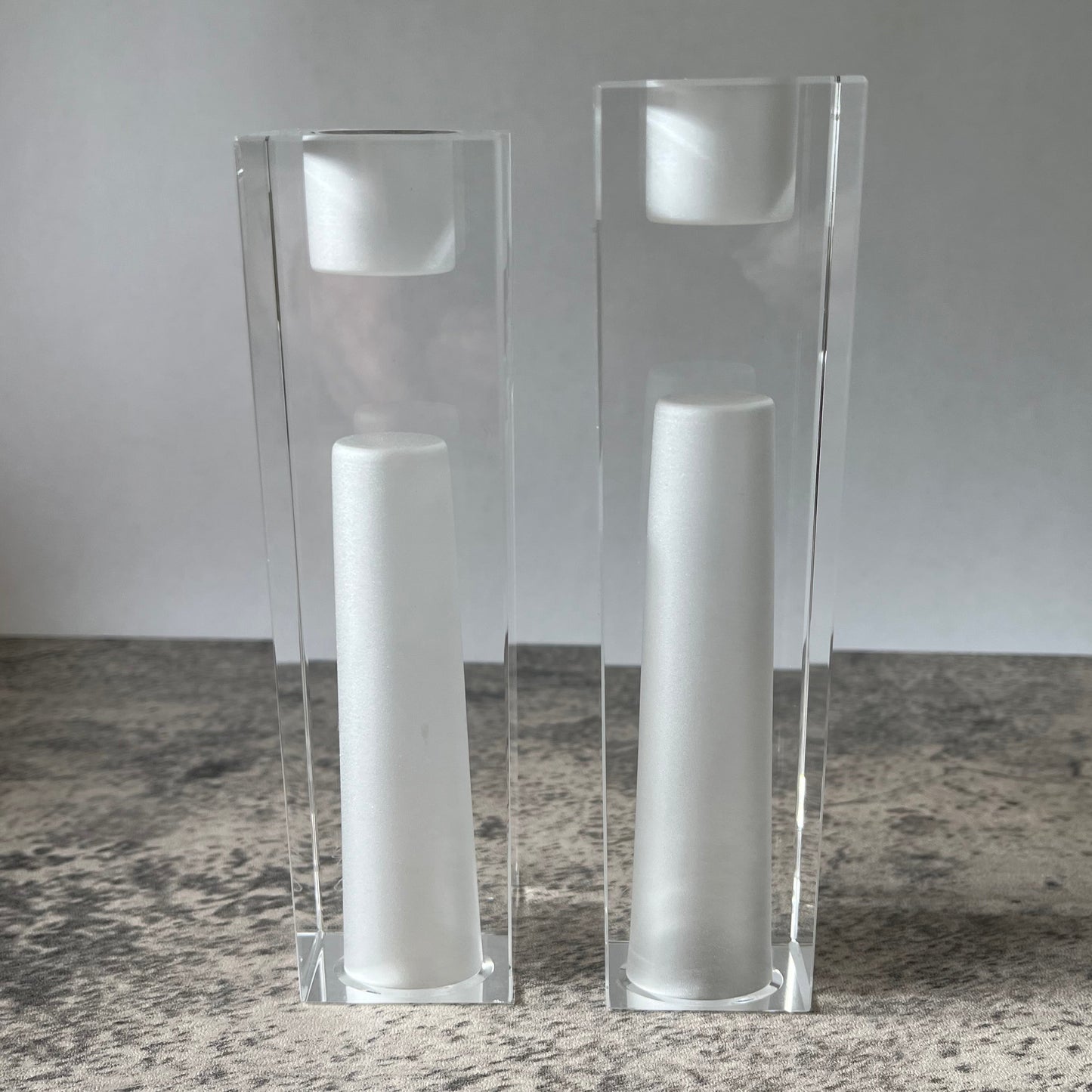 Pair Oleg Cassini Signed Crystal Clear Frosted Exclamation Point Vase Candle Holder Two Heights