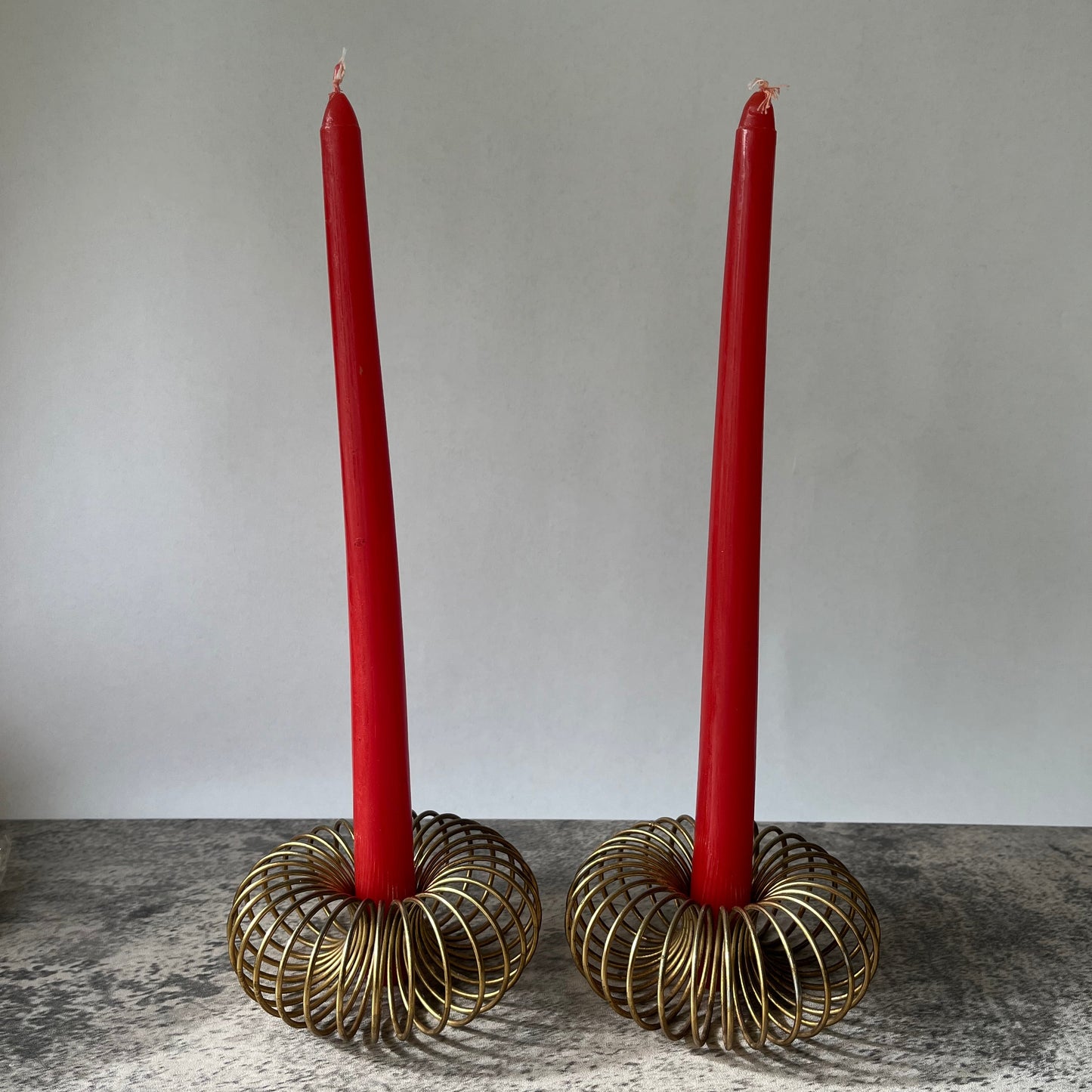 Pair of MCM Brass Unique Coil Expandable Candle Holders