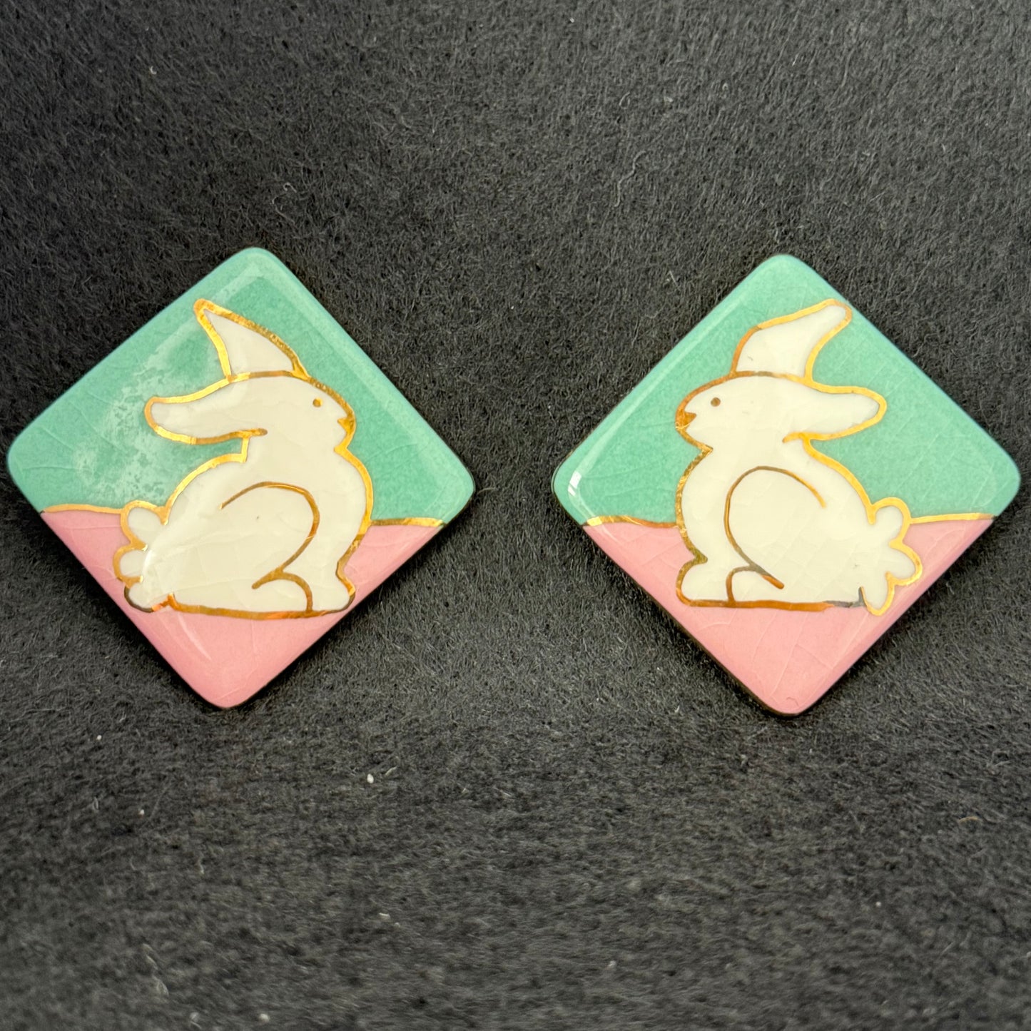 Pair Vintage Painted Ceramic Bunny Post Pierced Earrings