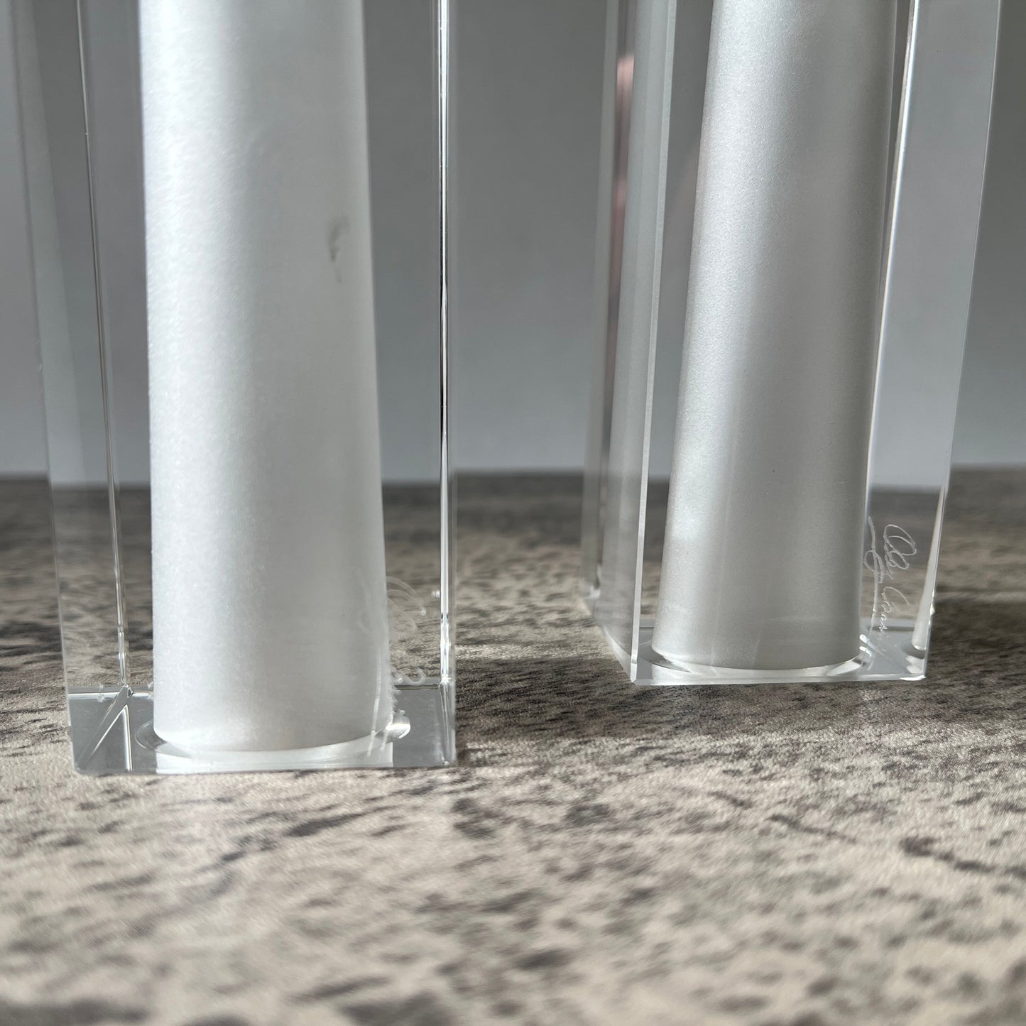 Pair Oleg Cassini Signed Crystal Clear Frosted Exclamation Point Vase Candle Holder Two Heights