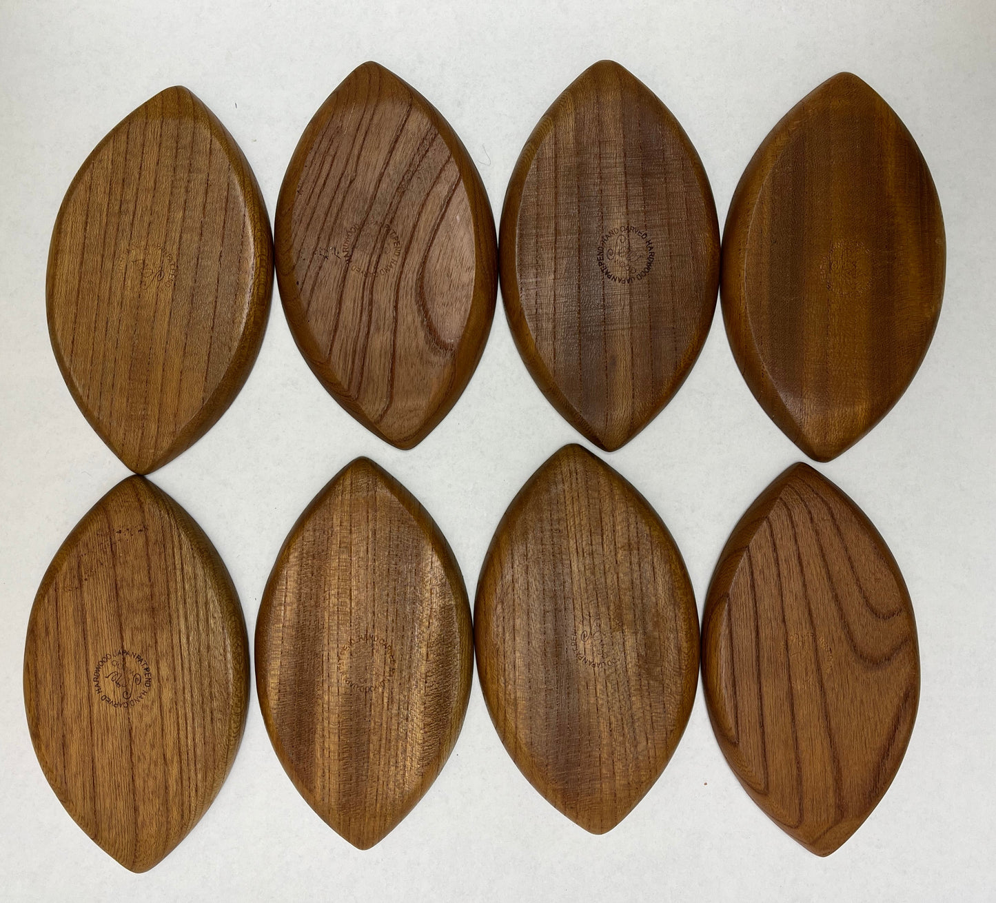 Vintage Set of 8 Wood Cork MCM Serv Wood by Rubel, Cat Eye Shaped Coasters, Designed by Fred Press, Mfg. by Styson Art Products