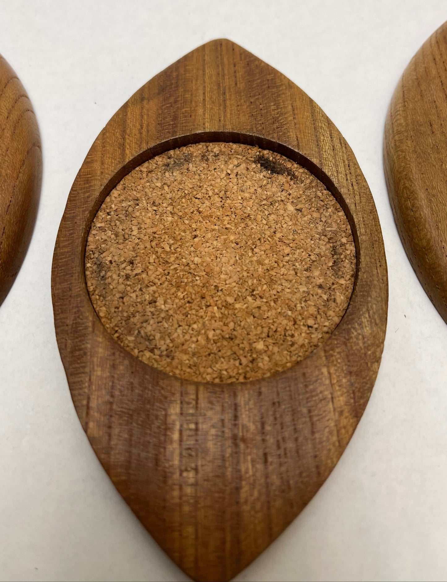 Vintage Set of 8 Wood Cork MCM Serv Wood by Rubel, Cat Eye Shaped Coasters, Designed by Fred Press, Mfg. by Styson Art Products