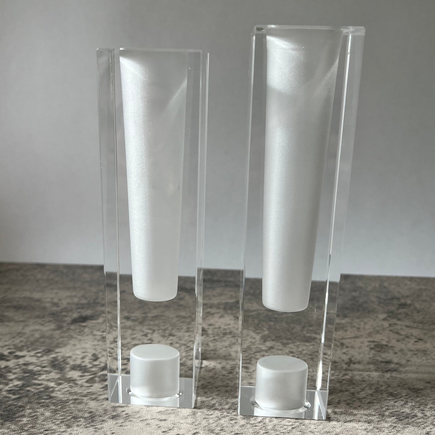Pair Oleg Cassini Signed Crystal Clear Frosted Exclamation Point Vase Candle Holder Two Heights