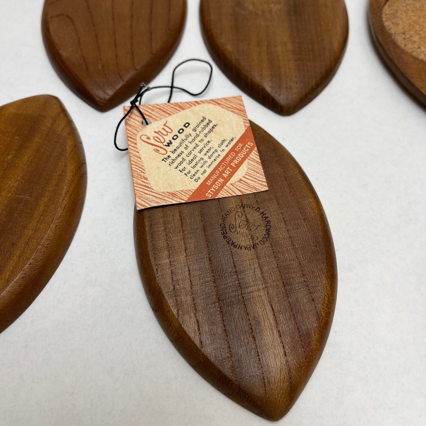Vintage Set of 8 Wood Cork MCM Serv Wood by Rubel, Cat Eye Shaped Coasters, Designed by Fred Press, Mfg. by Styson Art Products