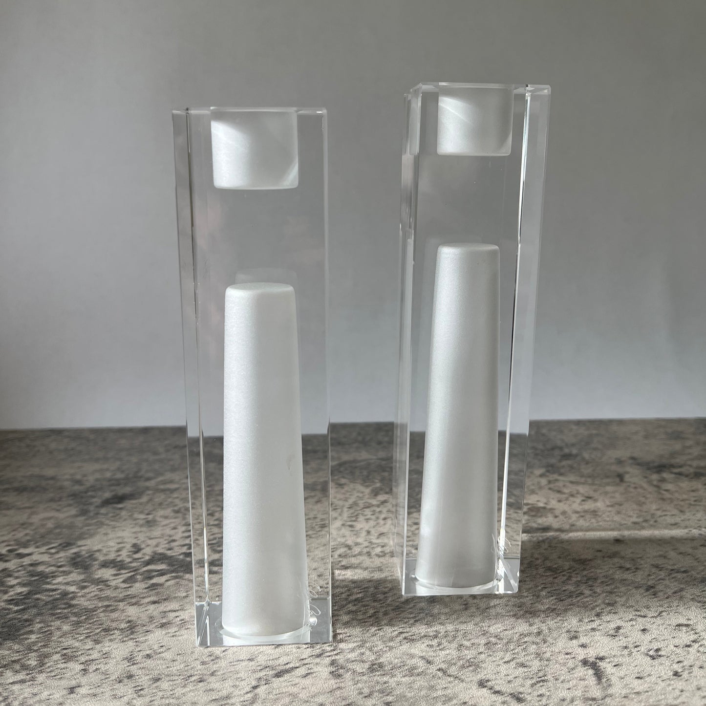 Pair Oleg Cassini Signed Crystal Clear Frosted Exclamation Point Vase Candle Holder Two Heights