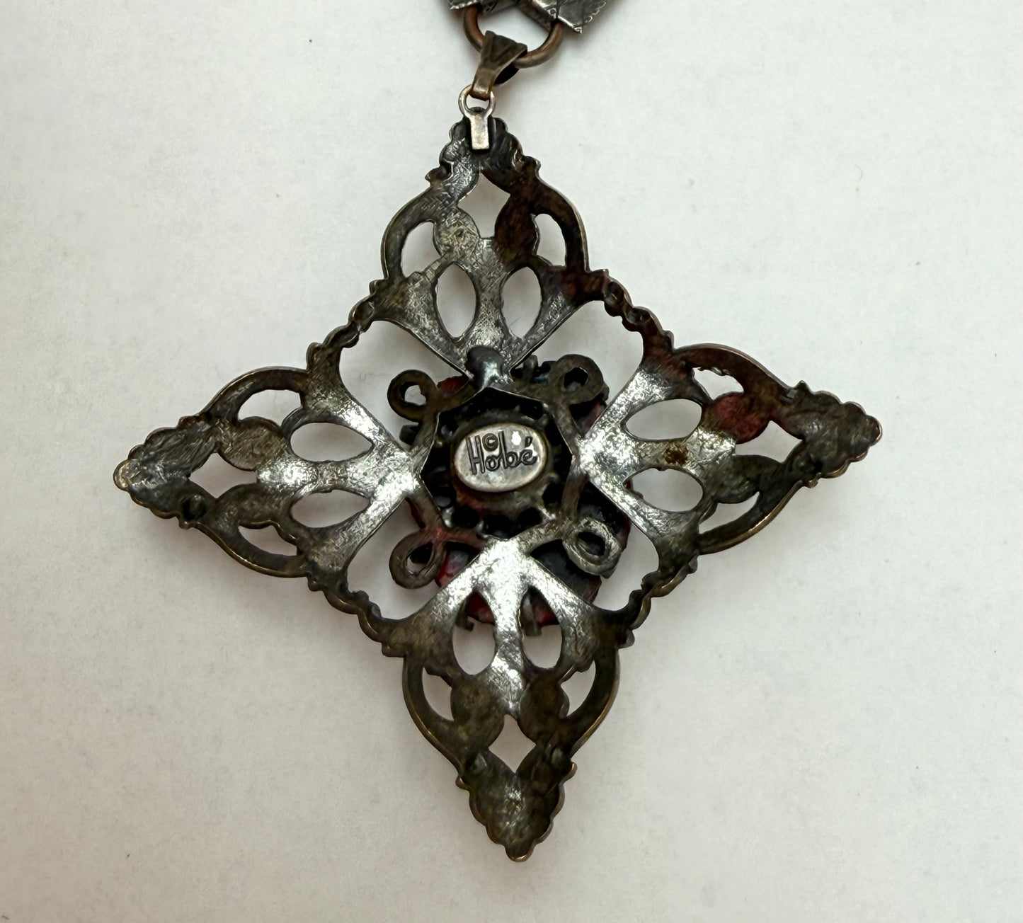 Vintage Hobe Lava Stone Red & Black Filigree Costume Necklace