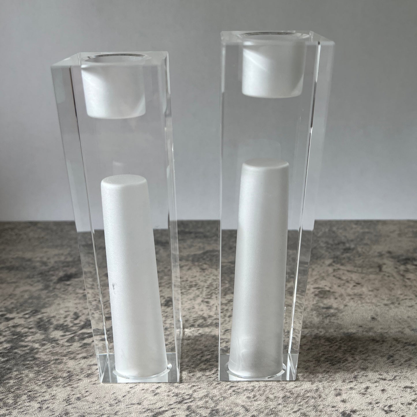 Pair Oleg Cassini Signed Crystal Clear Frosted Exclamation Point Vase Candle Holder Two Heights