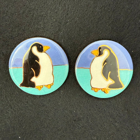 Pair Vintage Painted Ceramic Penguin Post Pierced Earrings