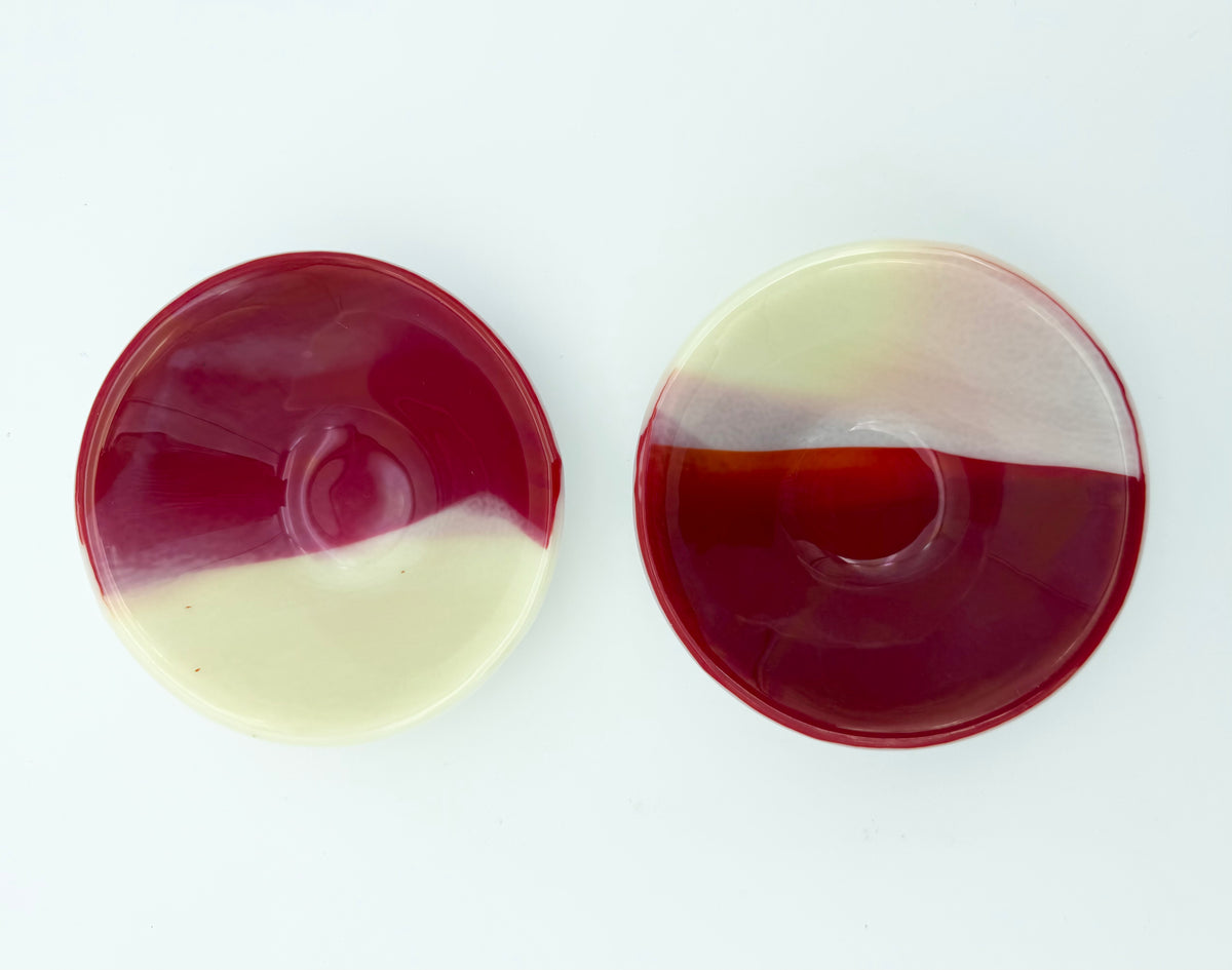 Pair Red & Cream Unmarked Fused Glass Dessert Bowls