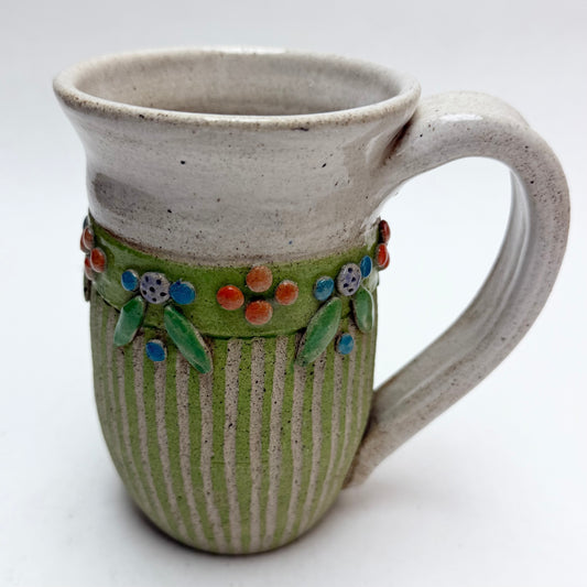 Green Striped Studio Pottery Mug by Hilda Kidd Wiesenmeyer w/ Orange & Blue Floral Design