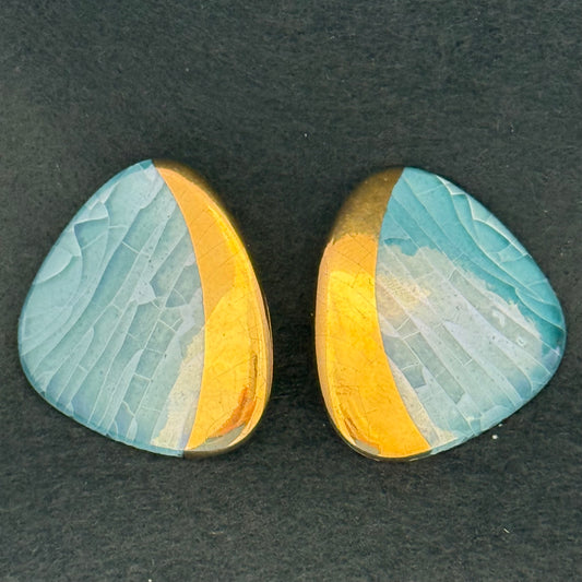 Vintage Pair Turquoise & Gold Painted Ceramic Post Pierced Earrings