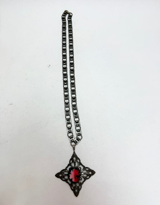 Vintage Hobe Lava Stone Red & Black Filigree Costume Necklace