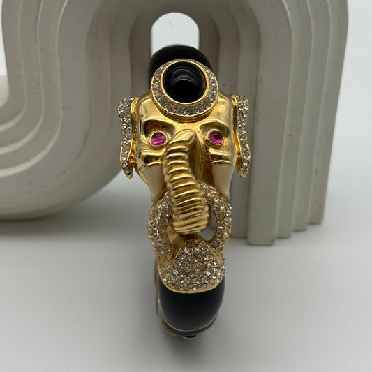 Vintage Ciner Raja Jeweled Black Enamel Elephant Clamper Bracelet Bangel Faux Onyx