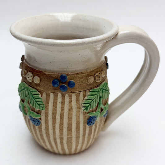 Striped Studio Pottery Mug by Hilda Kidd Wiesenmeyer w/ Blue Berry Floral Design