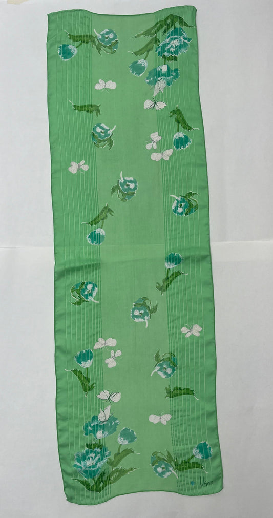 Vintage Long Vera Neumann Green Scarf w/ Floral Design