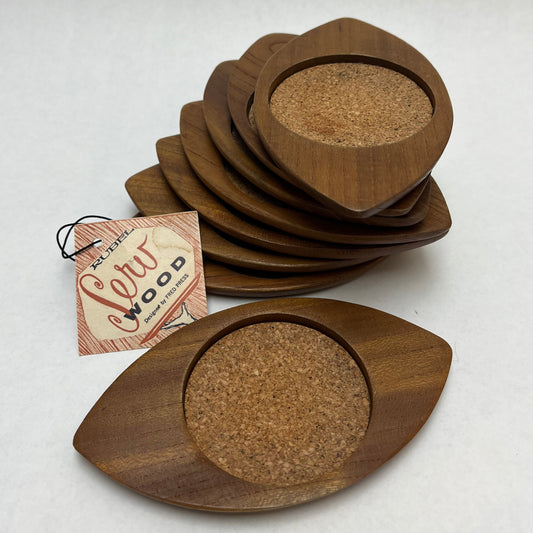 Vintage Set of 8 Wood Cork MCM Serv Wood by Rubel, Cat Eye Shaped Coasters, Designed by Fred Press, Mfg. by Styson Art Products