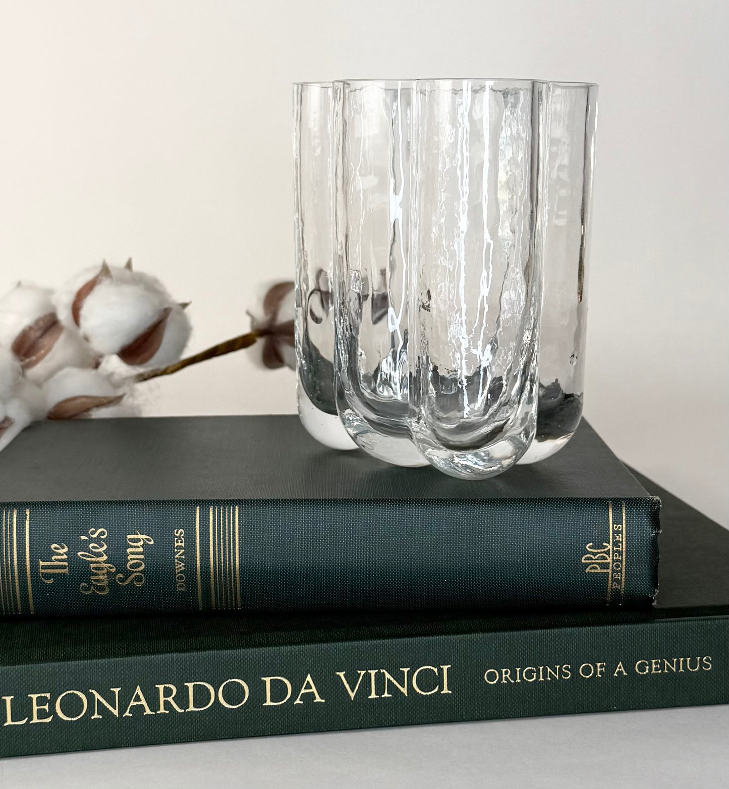 Clear glass vase on top of two books with a white background
