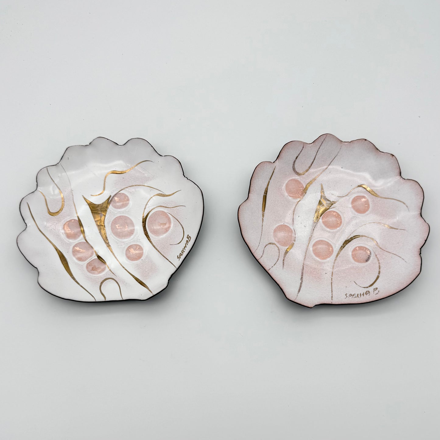 Pair Sascha Brastoff Shell Shaped Enamel Trinket Dishes