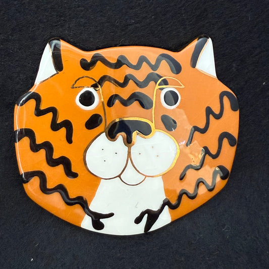 Vintage Painted Ceramic Tiger Brooch Pin