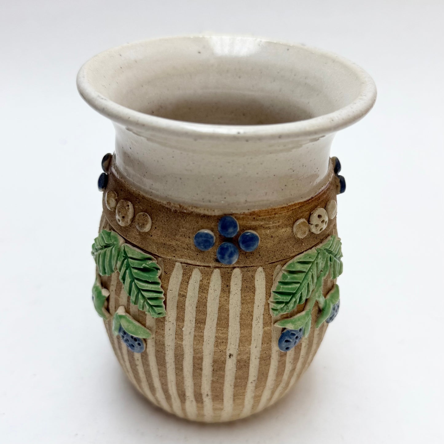 Striped Studio Pottery Mug by Hilda Kidd Wiesenmeyer w/ Blue Berry Floral Design