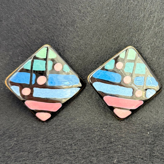 Pair Vintage Painted Ceramic Colorful Abstract Post Pierced Earrings