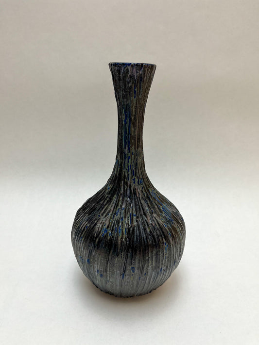 Black w/ Blue Undertones Textural Studio Pottery Vase Signed AP