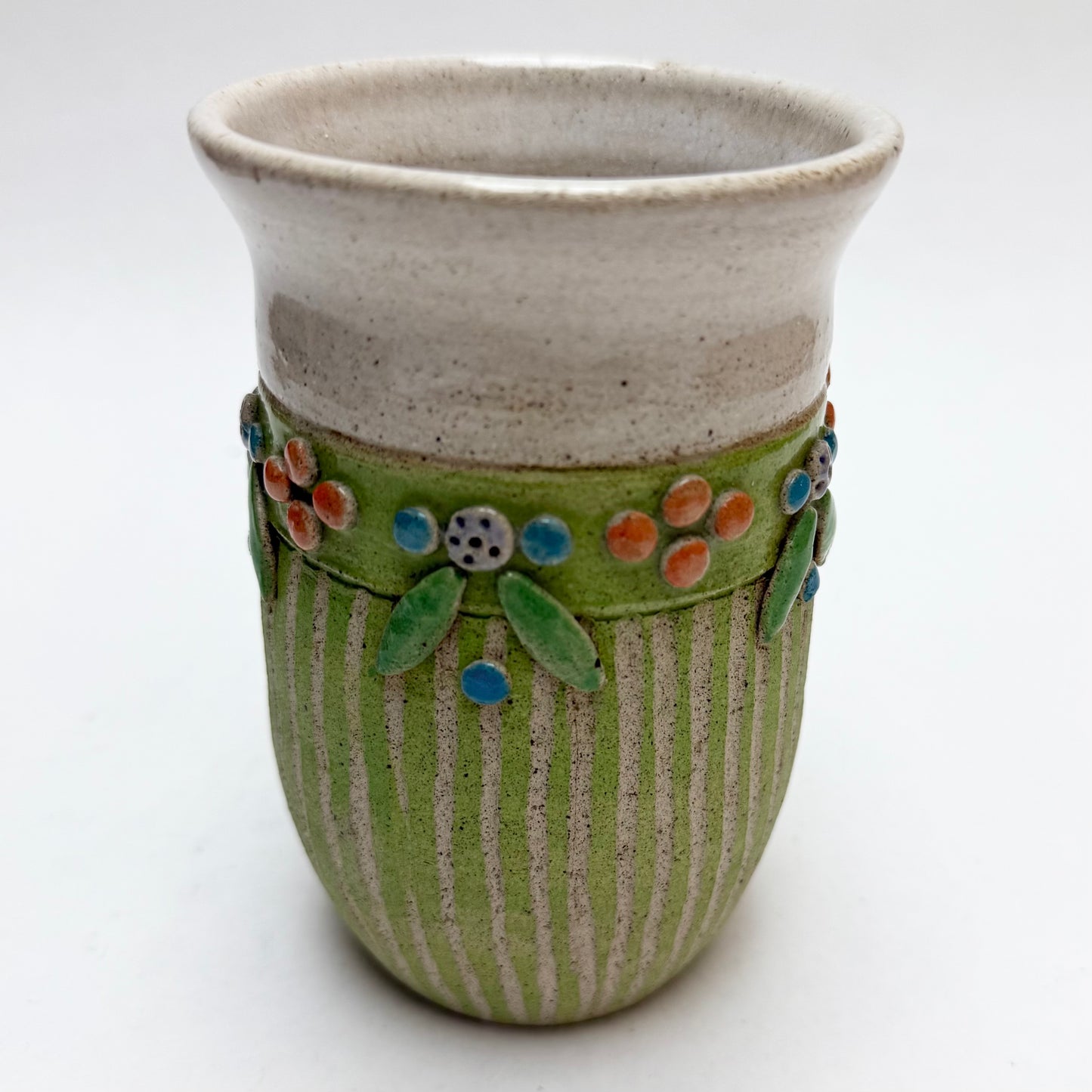 Green Striped Studio Pottery Mug by Hilda Kidd Wiesenmeyer w/ Orange & Blue Floral Design
