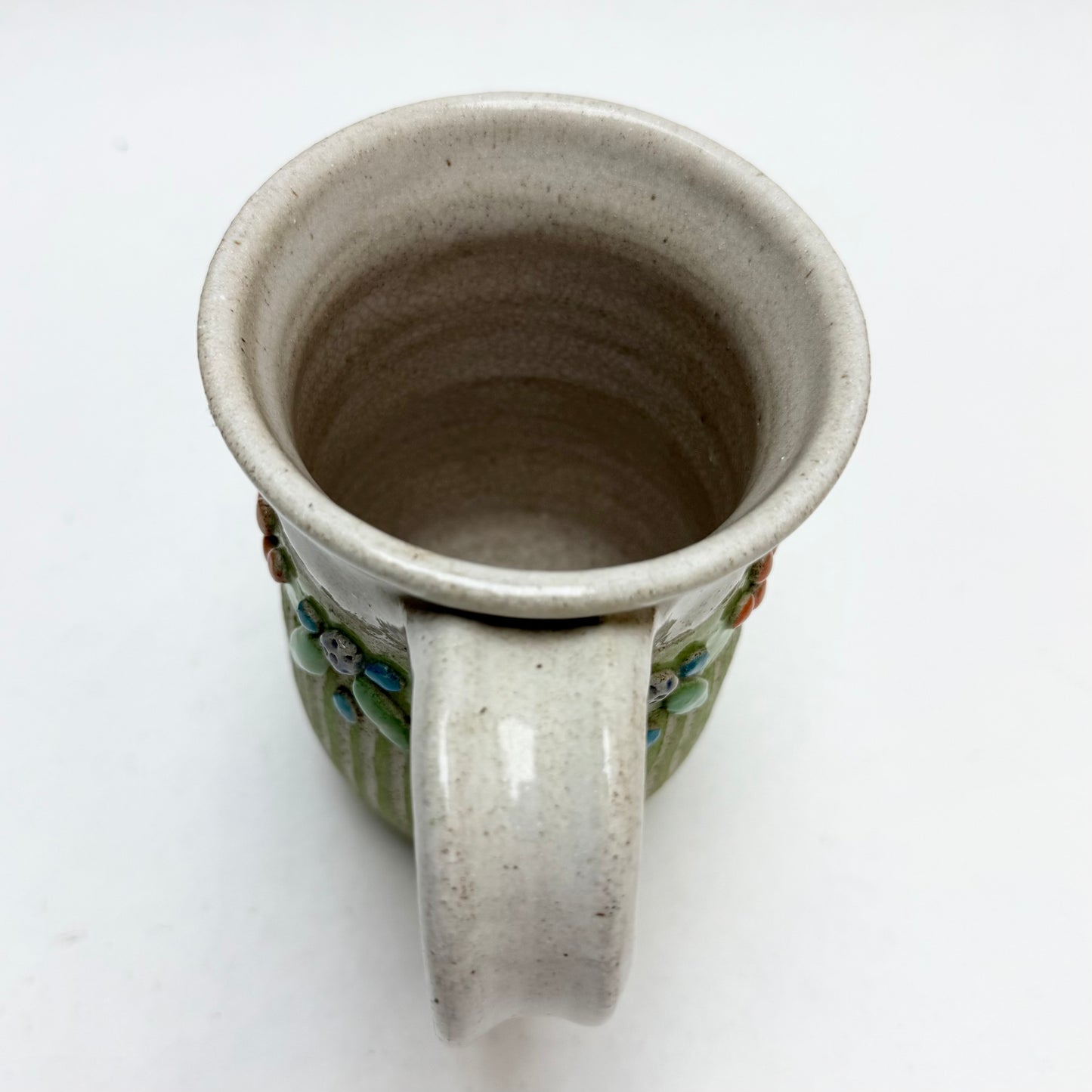 Green Striped Studio Pottery Mug by Hilda Kidd Wiesenmeyer w/ Orange & Blue Floral Design