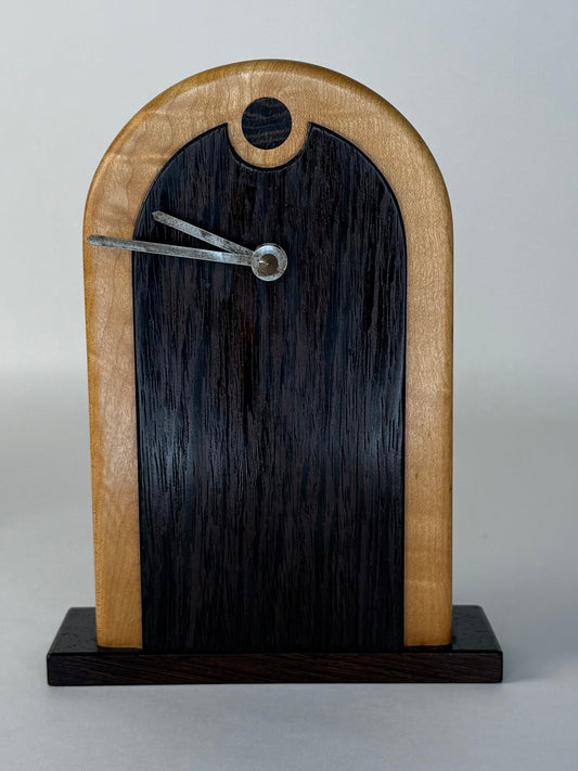 two tone wooden mantle clock with silver hands
