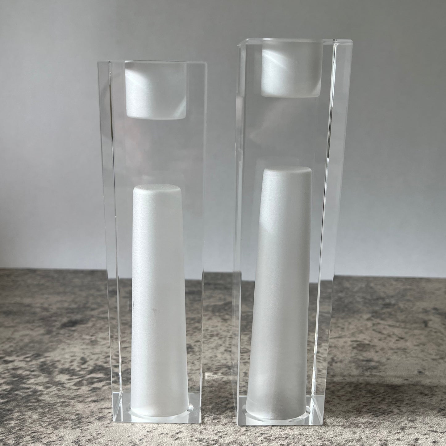 Pair Oleg Cassini Signed Crystal Clear Frosted Exclamation Point Vase Candle Holder Two Heights