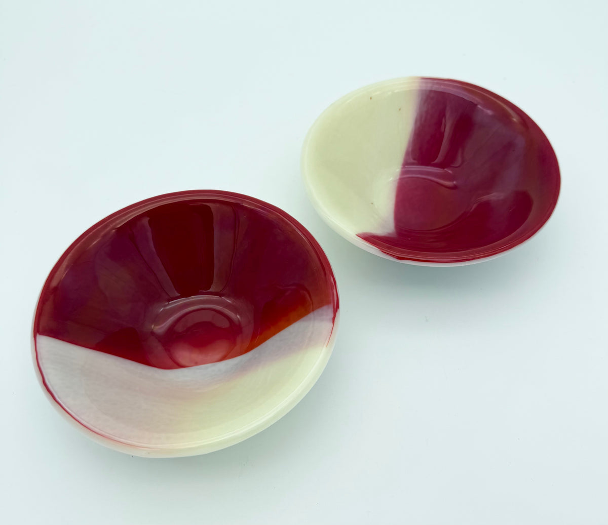 Pair Red & Cream Unmarked Fused Glass Dessert Bowls