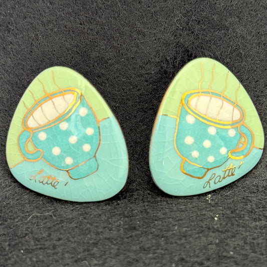 Pair Vintage Painted Ceramic Latte Post Pierced Earrings