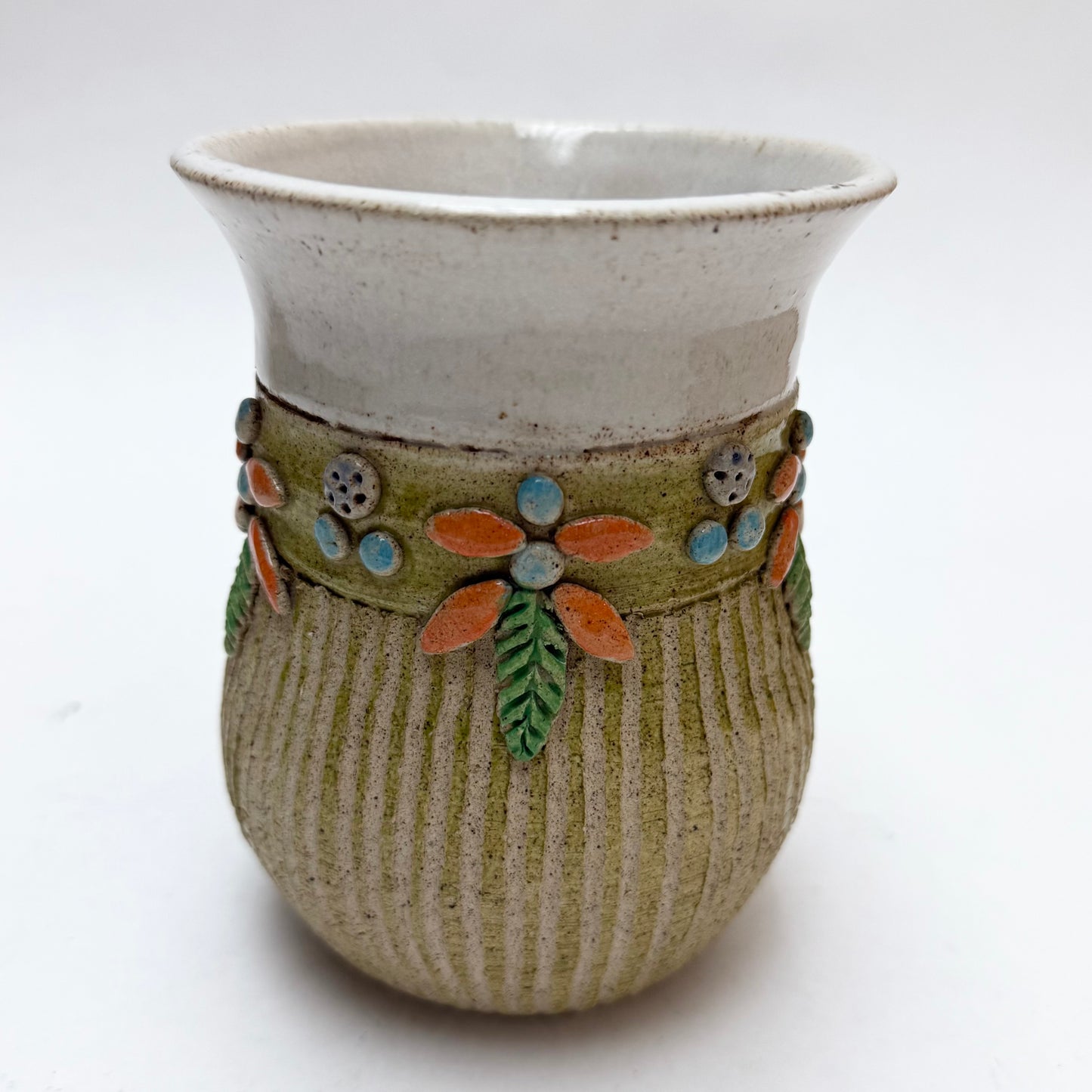 Green Striped Studio Pottery Mug by Hilda Kidd Wiesenmeyer w/ Orange & Light Blue Floral Design