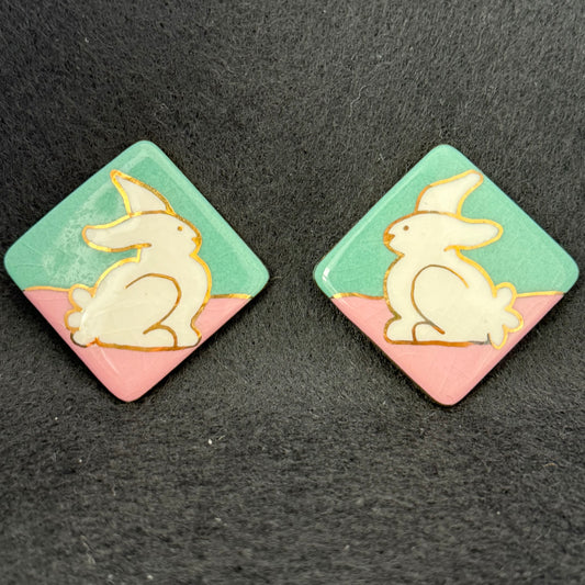 Pair Vintage Painted Ceramic Bunny Post Pierced Earrings