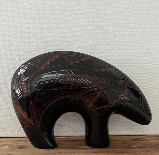 Priscilla Benally and Melvin Chavez Etched Glazed Smaller Pottery Bear w/ Traditional Navajo Design 5 3/4" Tall