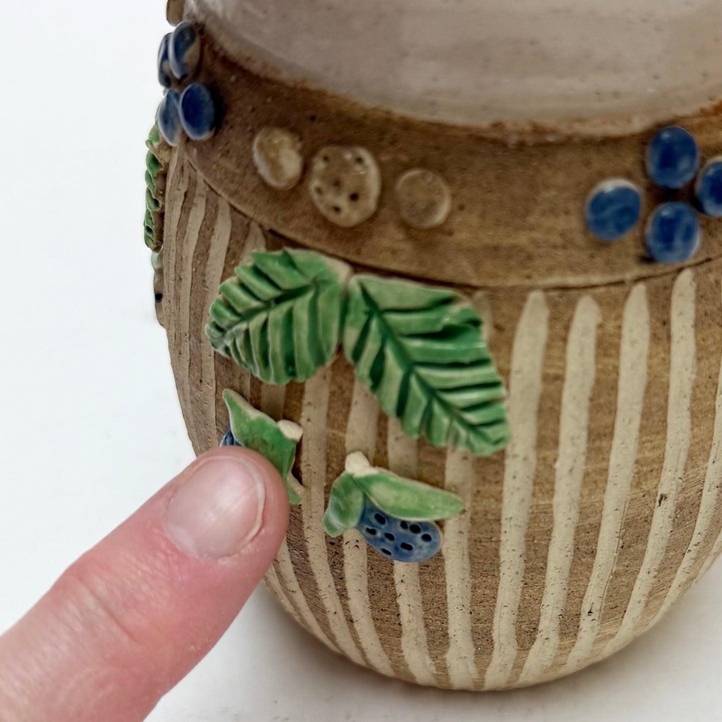 Striped Studio Pottery Mug by Hilda Kidd Wiesenmeyer w/ Blue Berry Floral Design