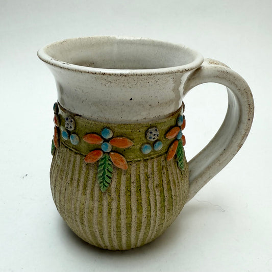 Green Striped Studio Pottery Mug by Hilda Kidd Wiesenmeyer w/ Orange & Light Blue Floral Design